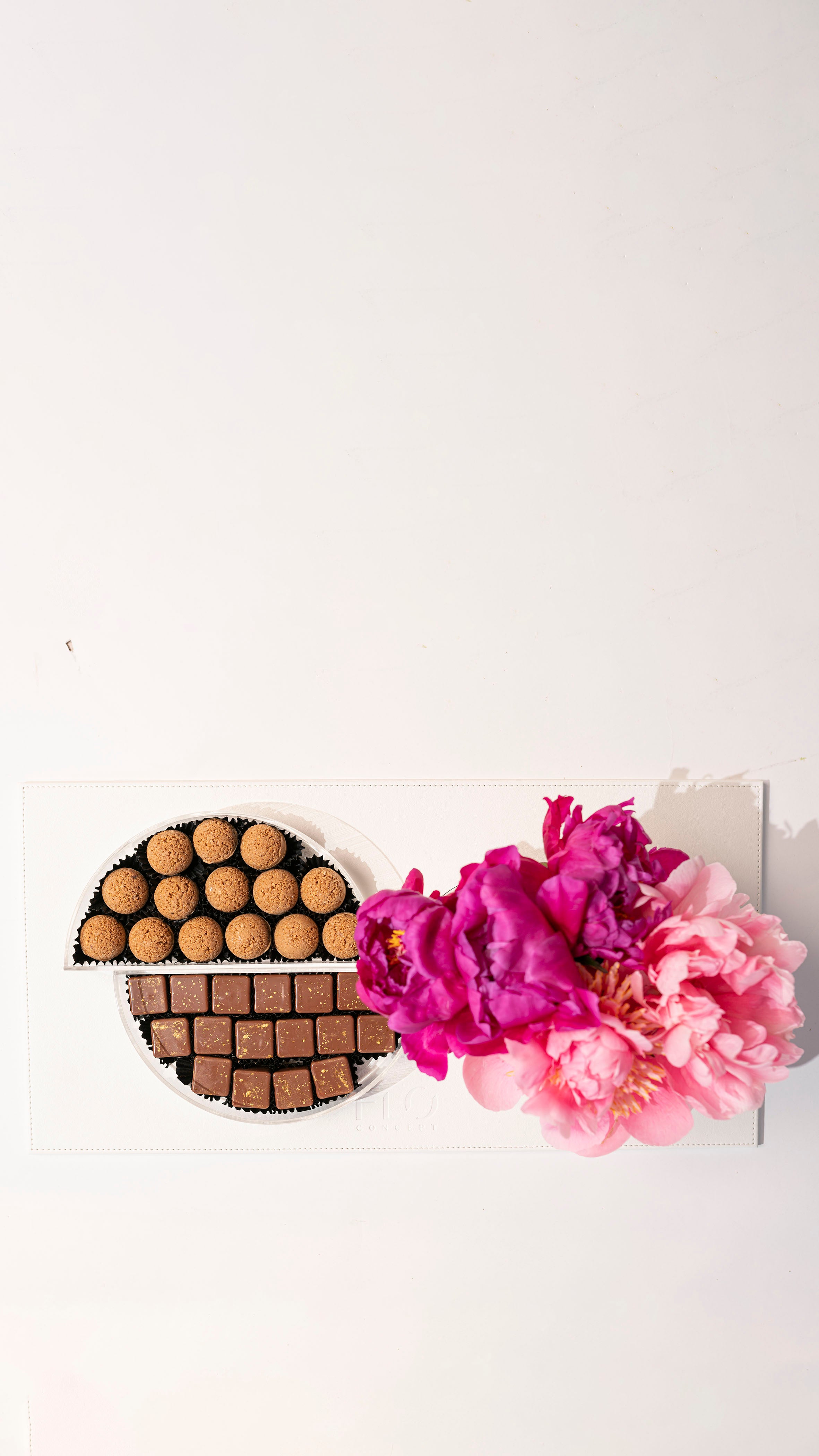 Leather Slab W/ Dual Vases Small, Flowers, Chocolates