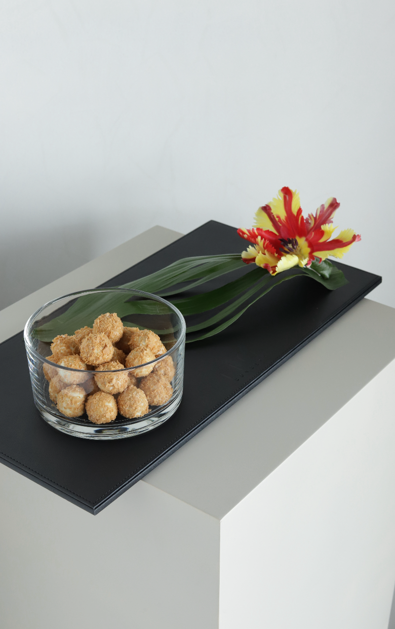 Leather Slab Black w/  Flowers, Glass Bowl w/  Chocolates