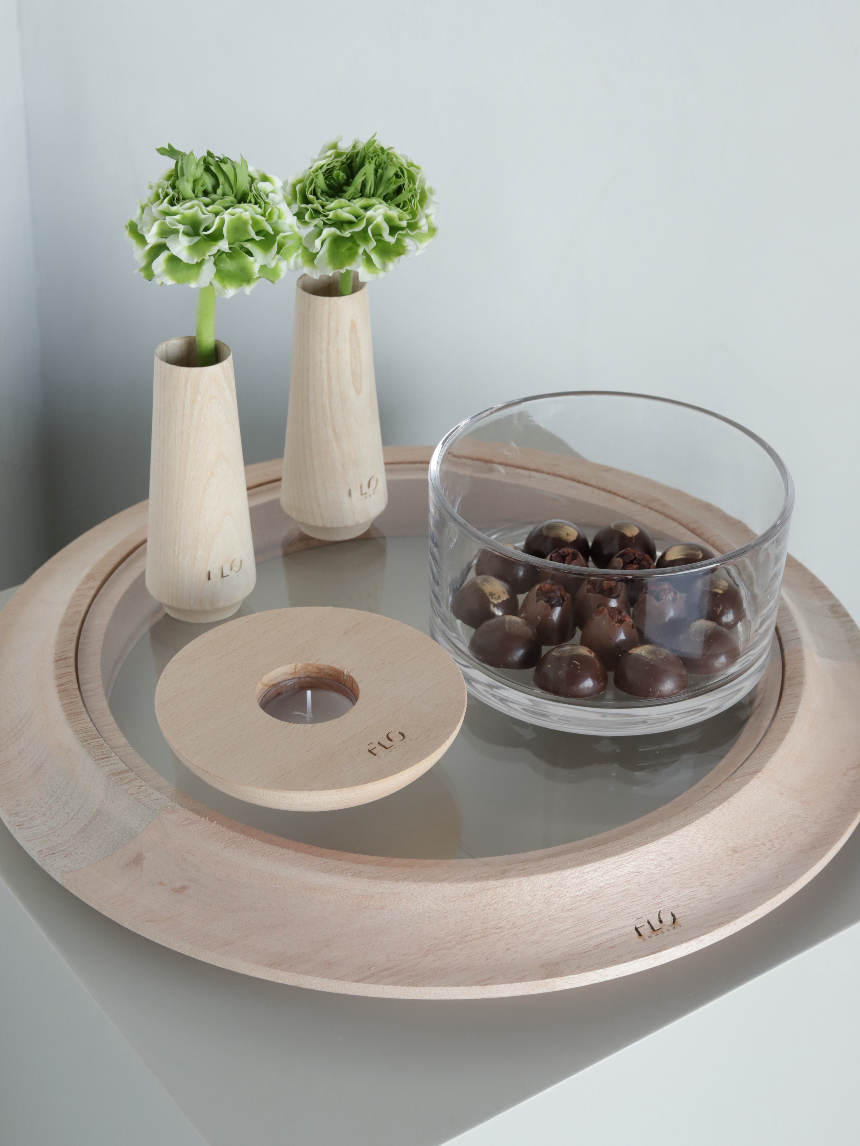 Wooden Tray w/ Small  Vases, Big Candle, Glass  Bowl w/ Chocolates