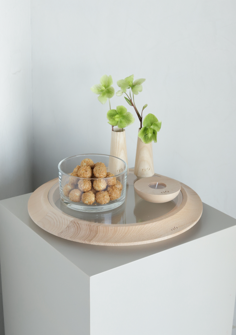 Wooden Tray w/ Small  Vases, Small Candle,  Glass Bowl w/  Chocolates