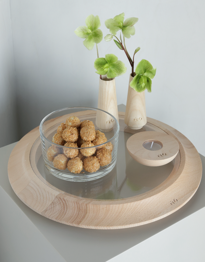 Wooden Tray w/ Small  Vases, Small Candle,  Glass Bowl w/  Chocolates