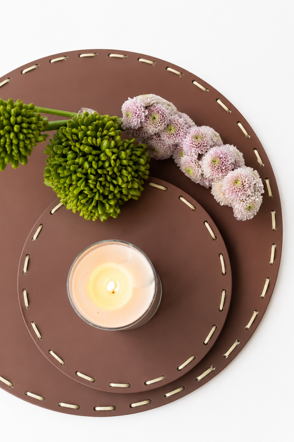 Stitched Tray w/ Vases, Flowers & Candles